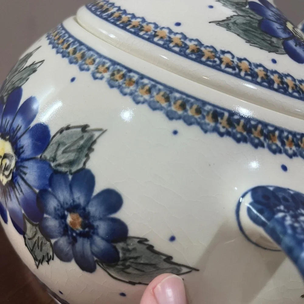Vtg Polish Pottery Blue Floral Soup Tureen Set with Lid and Ladle Hand Painted